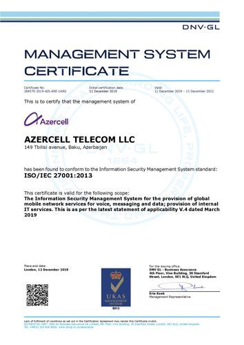 Azercell became the first mobile operator in Azerbaijan to receive ISO/IEC 27001 certification for information security management 