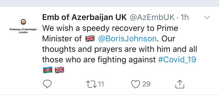 Посольство Азербайджана поделилось публикацией в связи с состоянием Бориса Джонсона