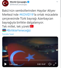 Mövlüd Çavuşoğlu Azərbaycana təşəkkür edib: "Tək millət, tək ürək, Azərbaycan, Türkiyə!"