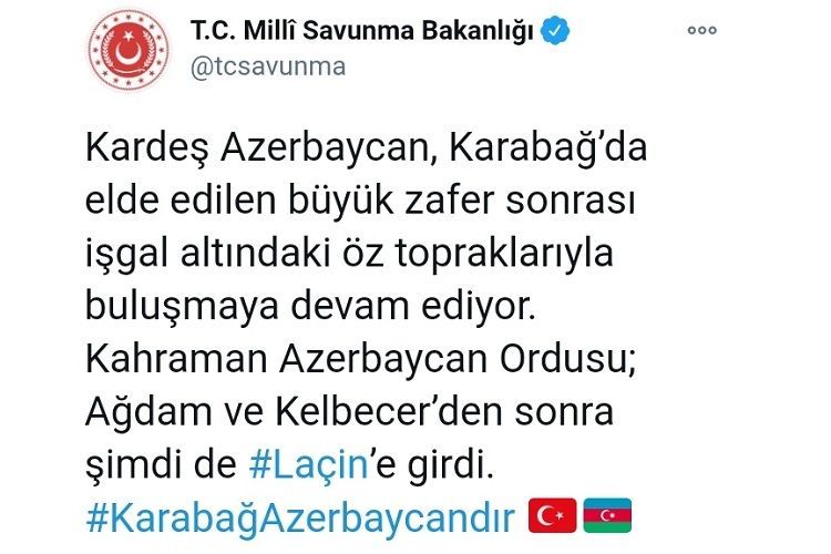The Turkish Defense Ministry shared post on liberation of Lachin