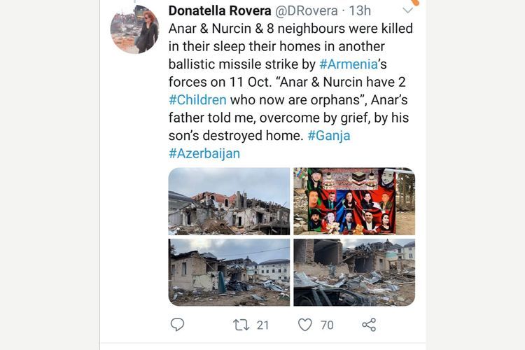 Старший советник Amnesty International поделилась в Twitter публикацией в связи с жестокостью армян против Азербайджана