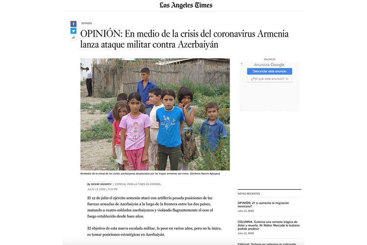 Los Angeles Times опубликовал статью генконсула Азербайджана о последней провокации Армении