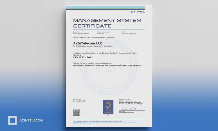 "AzInTelecom" "Biznes Davamlılığının İdarəetməsi" sertifikatına layiq görülən ilk Azərbaycan şirkəti oldu