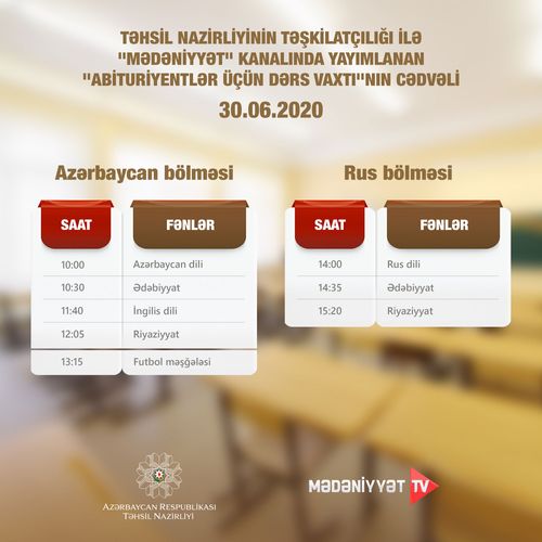 "Abituriyentlər üçün dərs vaxtı"nın sabaha olan cədvəli açıqlanıb