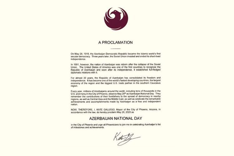 U.S. City of Phoenix proclaims May 28 as "Azerbaijan National Day"