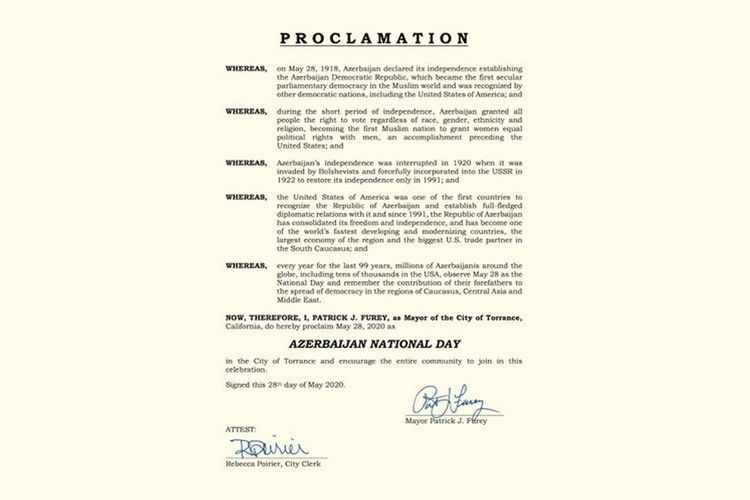 City of Torrance in California proclaims May 28  as ‘Azerbaijan National Day’