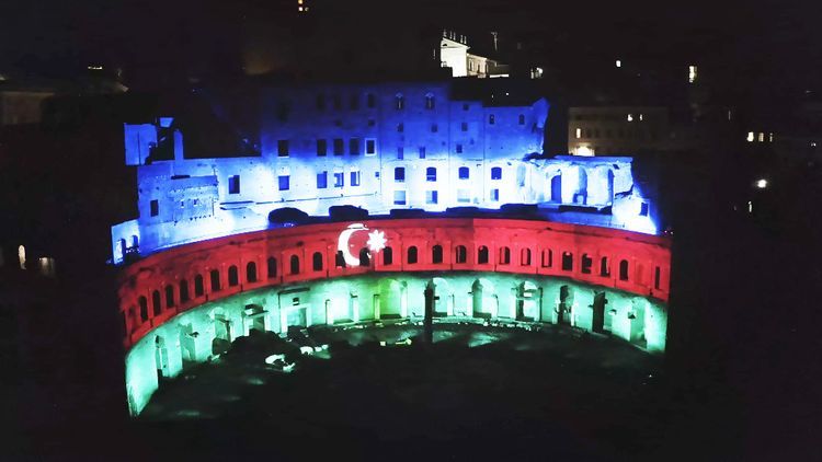 Mercati di Traiano monument complex of Ancient Rome lightened with colors of Azerbaijan