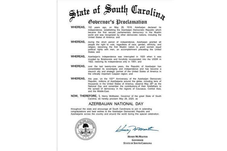Azerbaijan’s National Day declared in the US’ Southern Carolina state