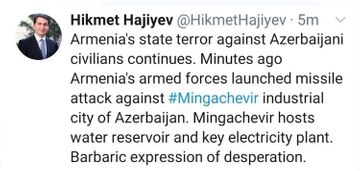Assistant to Azerbaijani President: Armenia launched a missile attack against Mingachevir city
