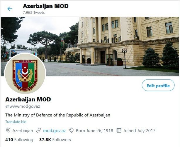 Армяне создали поддельный «Twitter» аккаунт на имя Минобороны Азербайджана