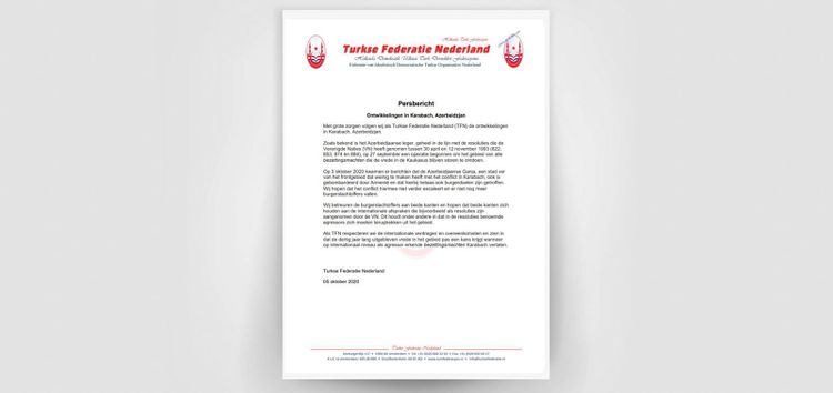 Niderland Türk Federasiyası Ermənistanın işğalçılıq siyasətini pisləyən bəyanat yayıb