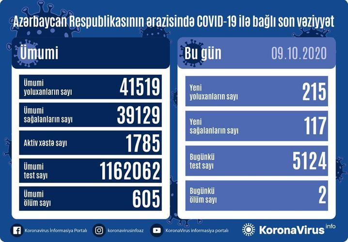 В Азербайджане выявлено еще 215 случаев заражения коронавирусом, 117 человек вылечились, 2 скончались