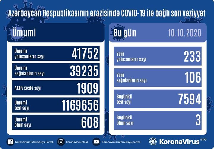 В Азербайджане выявлено еще 233 случая заражения коронавирусом, 106 человек вылечились, 3 скончались