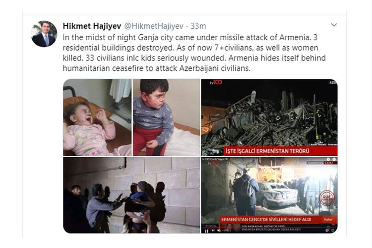 Hikmat Hajiyev: "More than 7 civilians killed, 33 civilians including kids seriously wounded in Ganja"