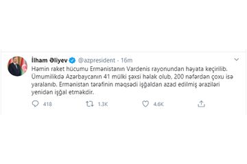 Prezident İlham Əliyev: "Gəncəyə raket hücumu Ermənistanın Vardenis rayonundan həyata keçirilib"
