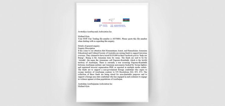 Азербайджанцы Австралии обратились в органы безопасности страны в связи с деятельностью армянского лобби