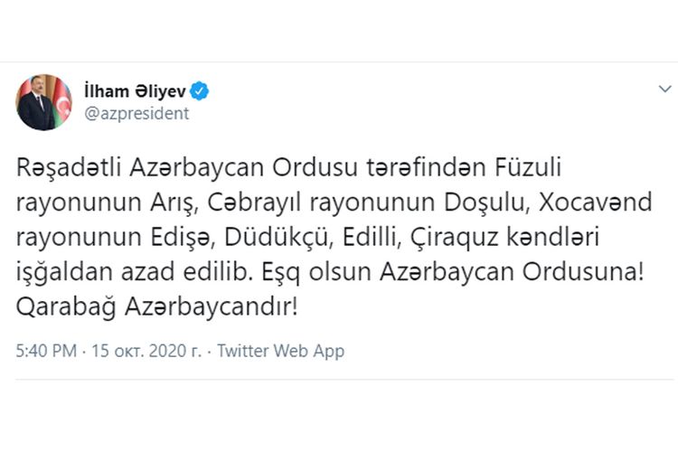 Azərbaycan Prezidenti: "Daha 6 kənd işğaldan azad edilib"