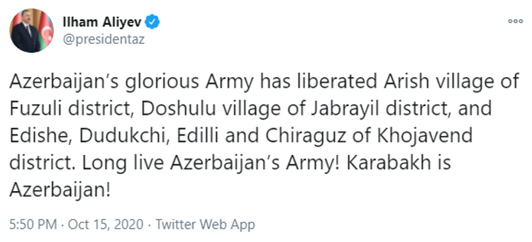 President Ilham Aliyev: Azerbaijani Army liberated from occupation several villages of Fuzuli, Jabrayil and Khojavand districts