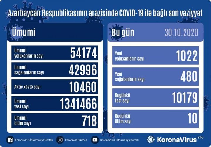 В Азербайджане выявлено еще 1022 случая заражения коронавирусом, 480 человек вылечились, 10 человек скончались