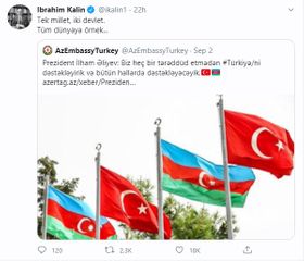 İbrahim Qalın Azərbaycanın dəstəyini alqışlayıb: “Bir millət, iki dövlət, bütün dünyaya örnək” - FOTO