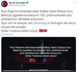 Mövlud Çavuşoğlu Bakının işğaldan azad olunması ilə bağlı paylaşım edib