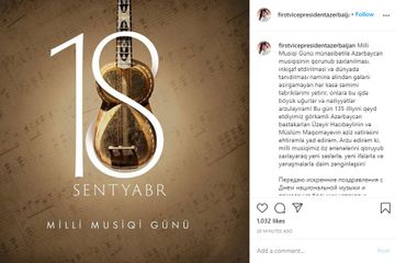    Mehriban Əliyeva Milli Musiqi Günü münasibətilə paylaşım edib