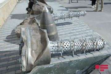  Remains of "Iskander" missiles, used by Armenia against Azerbaijan, being demonstrated