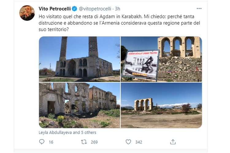 Председатель постоянной комиссии Сената Италии: Если Армения считала Агдам своей территорией, то почему разрушала его?