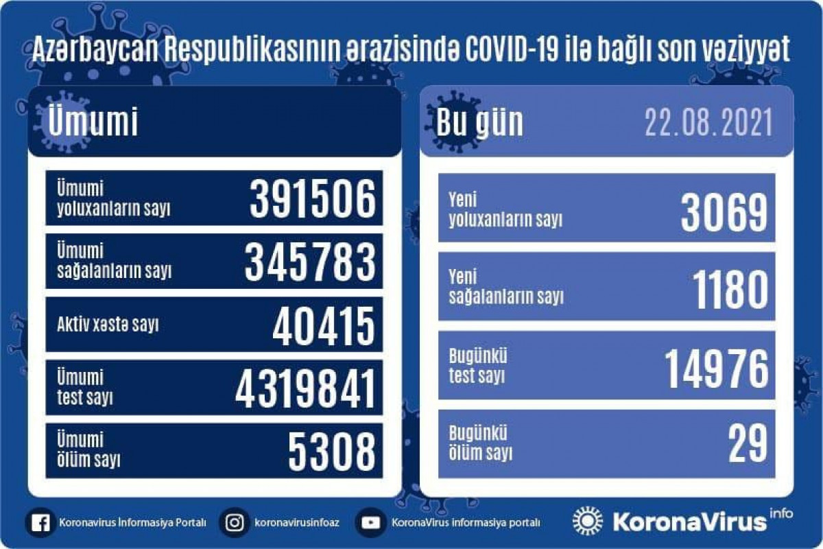 В Азербайджане за сутки выявлено 3 069 случаев заражения COVID-19, вылечились 1 180 человек, скончались 29 человек