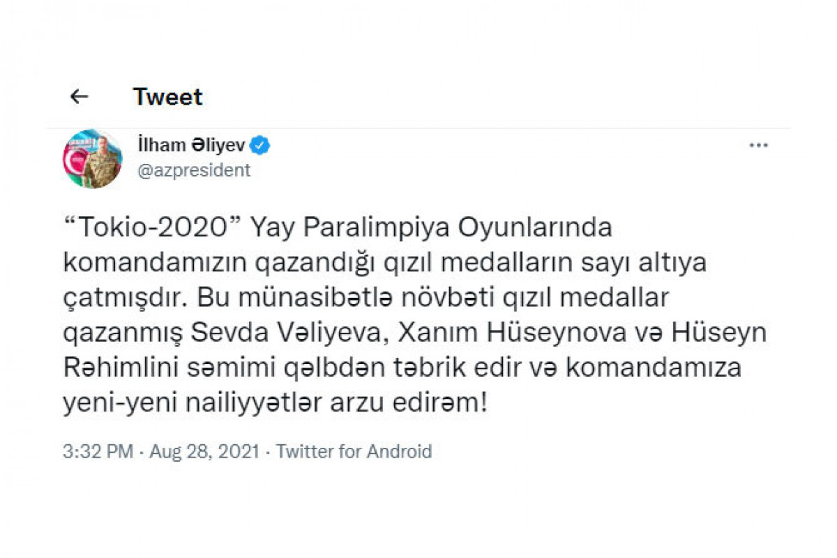 Prezident İlham Əliyev Paralimpiya Oyunlarında qızıl medal qazanmış daha üç Azərbaycan idmançısını təbrik edib