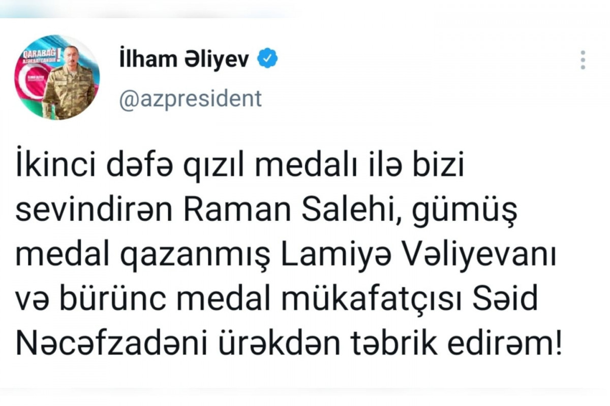 Azərbaycan Prezidenti Paralimpiya oyunlarında medal qazanan idmançıları təbrik edib