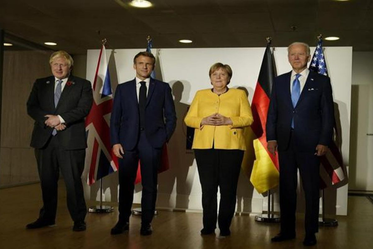 Boris Conson, Emmanuel Makron, Angela Merkel, Co Bayden