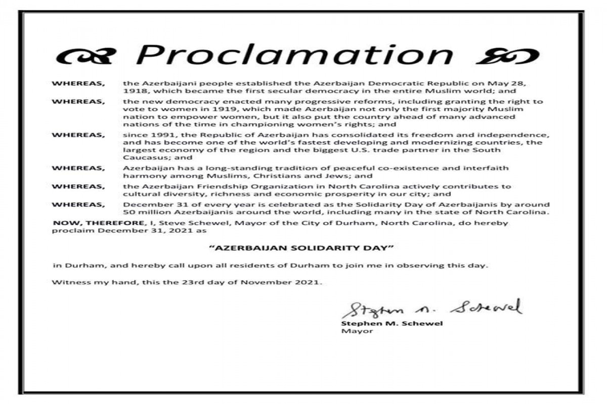 December 31 proclaimed "Solidarity Day of Azerbaijanis" in North Carolina
