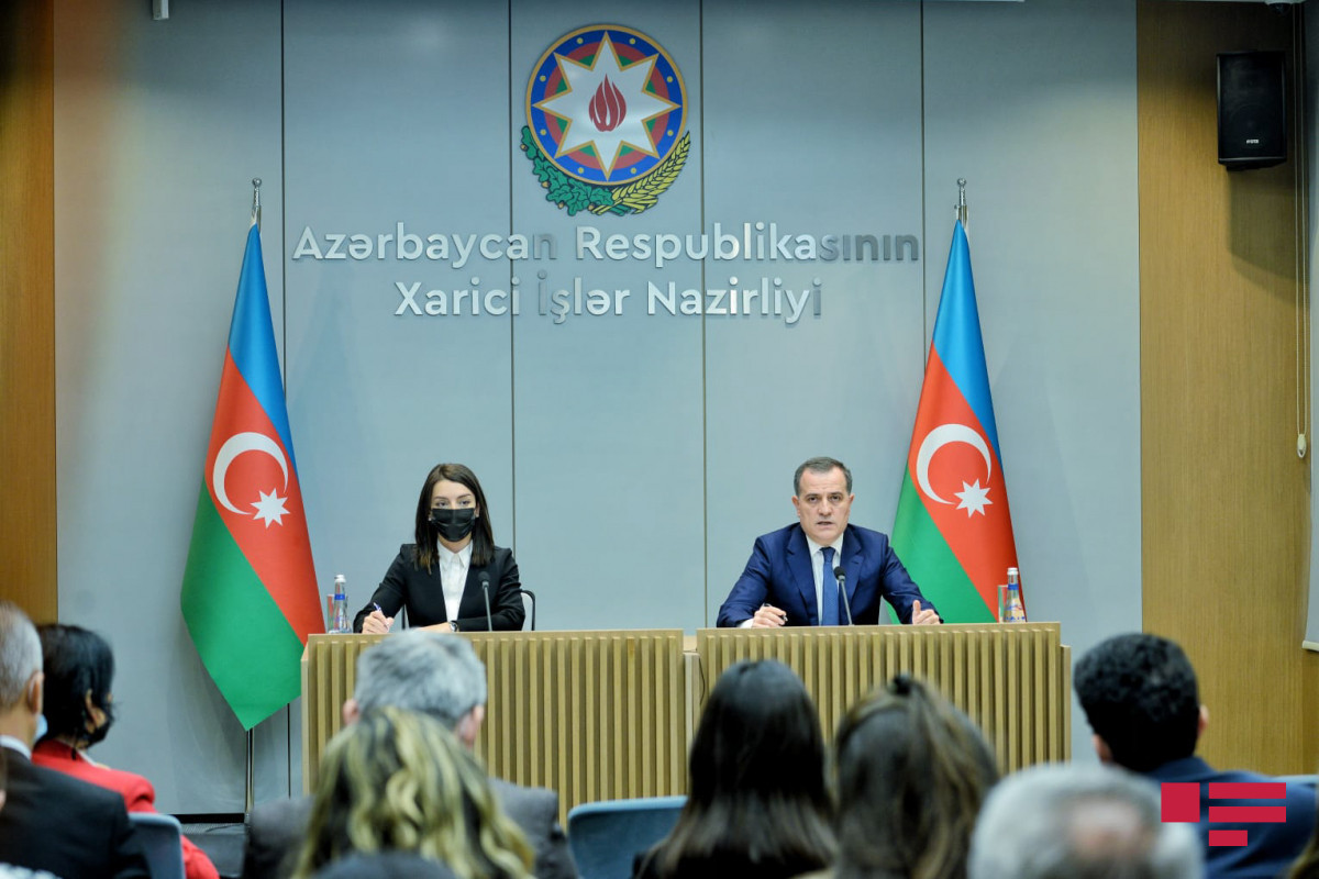 Azerbaijan’s Foreign Minister Jeyhun Bayramov at the press conference on finals of 2021