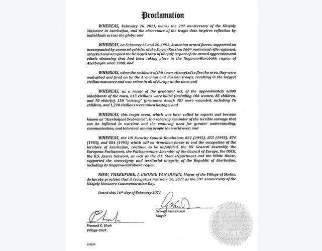 ABŞ-ın Skoki şəhərinin meri Xocalı faciəsinin 29-cu ildönümü ilə bağlı bəyannamə imzalayıb