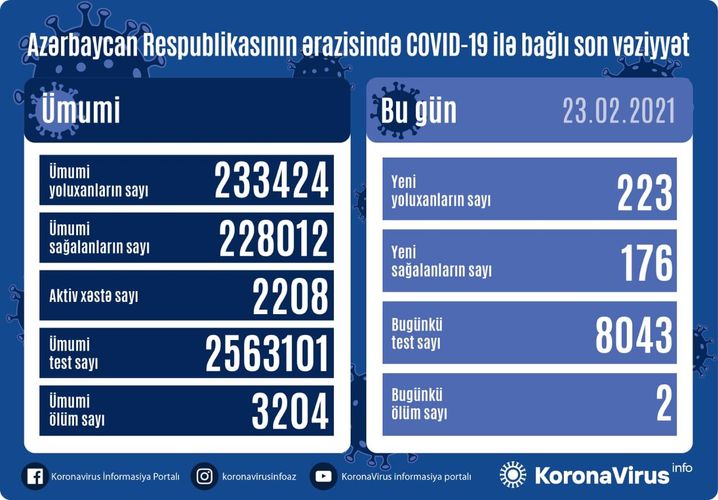 Azerbaijan documents 223 fresh coronavirus cases, 176 recoveries, 2 deaths in the last 24 hours