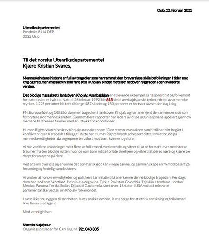 Диаспорская организация призвала правительство Норвегии признать Ходжалинский геноцид