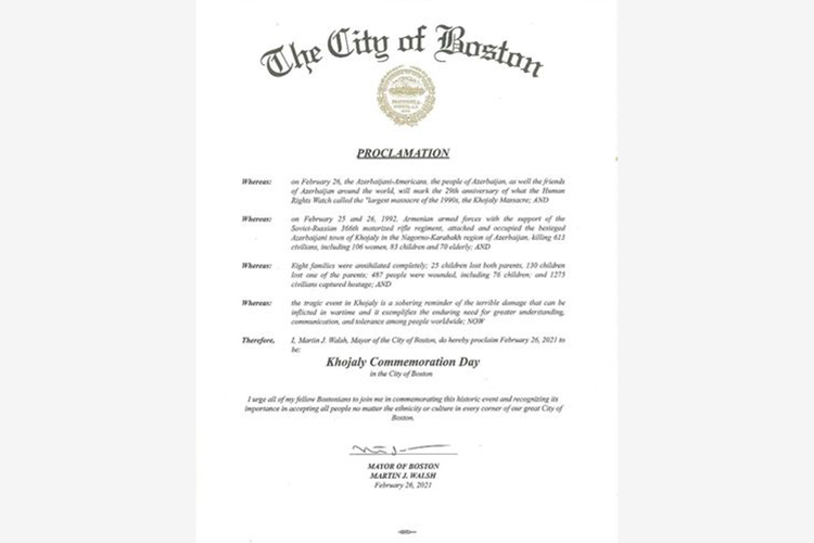 Mayor of Boston declared February 26 day of commemoration of the Khojaly genocide