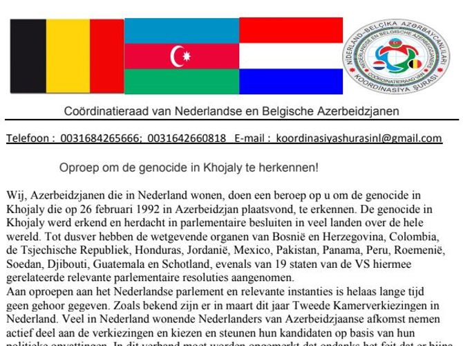 Azərbaycan diasporu Niderland Krallığının parlamenti və senatına müraciət edib