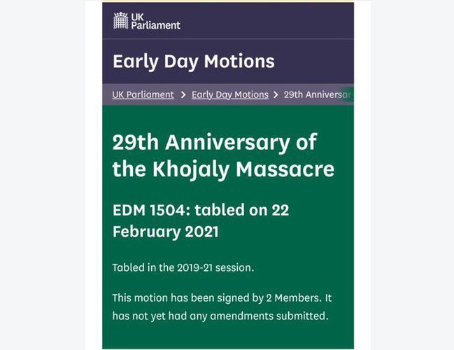 UK House of Commons issued a statement on the 29th anniversary of the Khojaly genocide