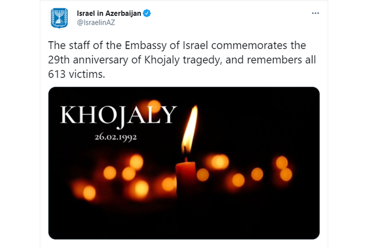 Посольство Израиля в Азербайджане поделилось публикацией в связи с 29-й годовщиной Ходжалинского геноцида