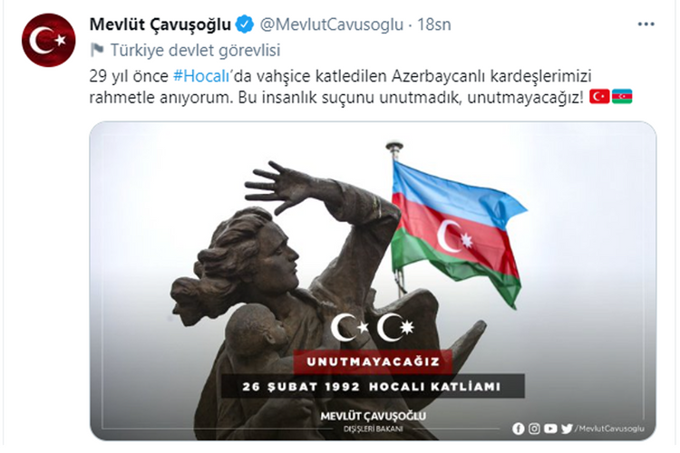 Çavuşoğlu Xocalı soyqırımı ilə bağlı paylaşım edib