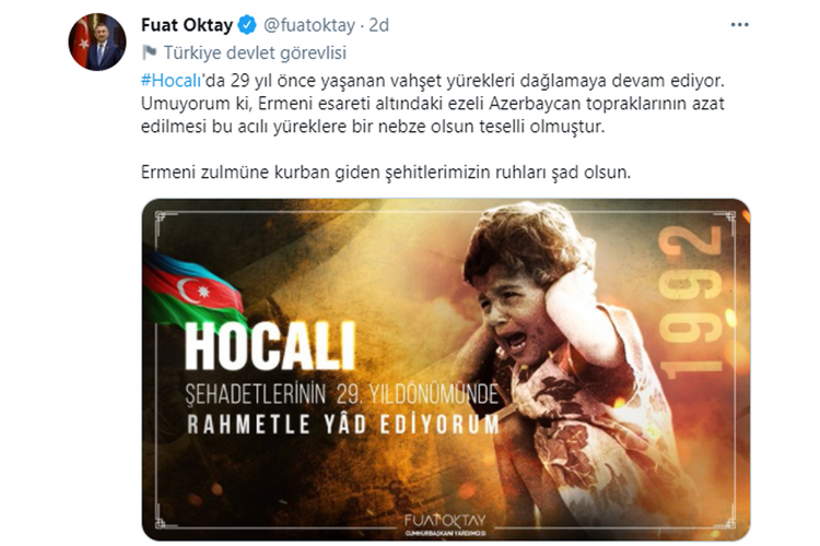 Turkish vise-president makes a post regarding Khojaly genocide