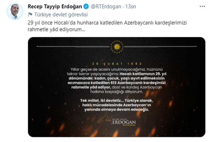 Эрдоган: Чту память азербайджанских братьев и сестер, жестоко убитых в Ходжалы