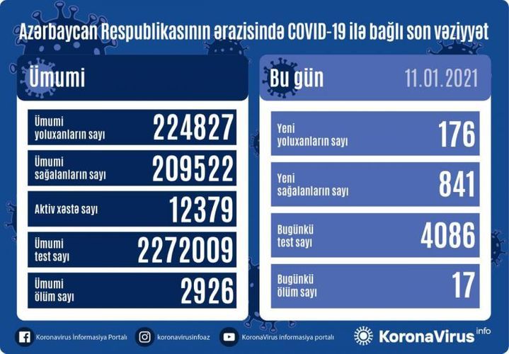 В Азербайджане выявлено еще 176 случаев заражения коронавирусом, 841 человек вылечился, 17 скончались