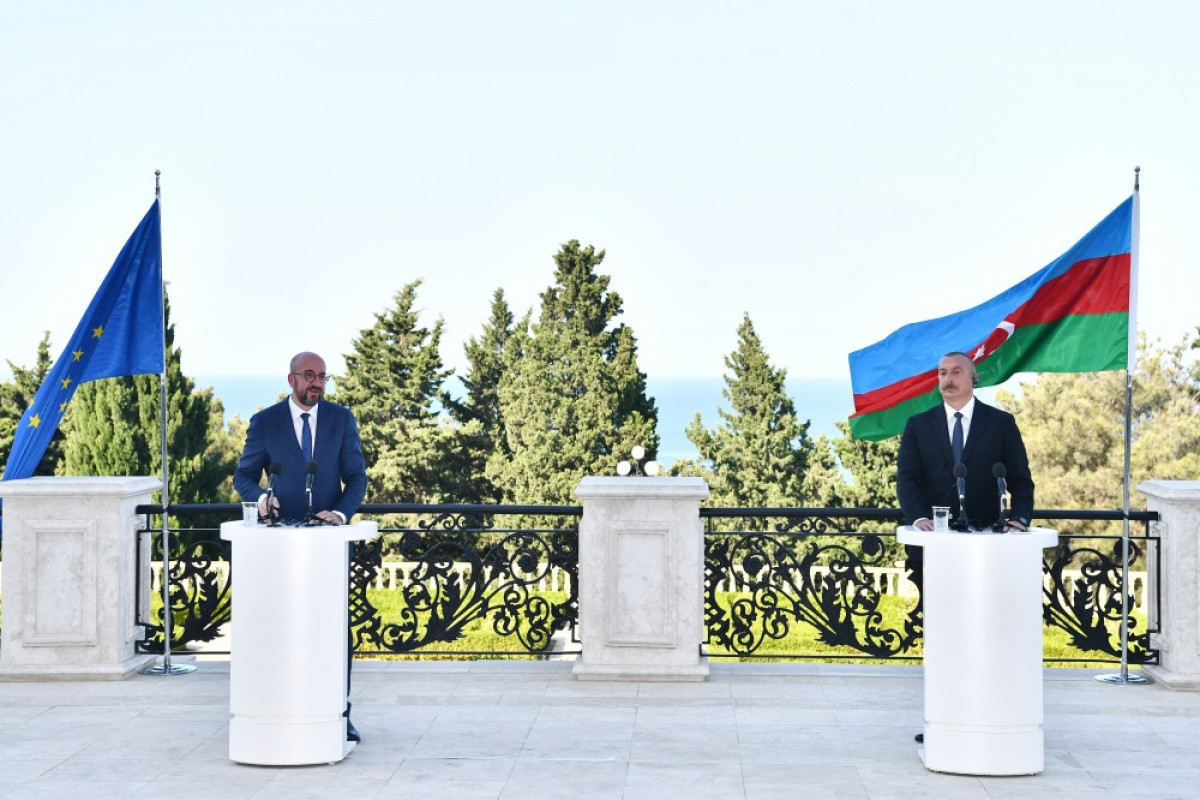 European Council President Charles Michel at a joint press conference with Azerbaijani President Ilham Aliyev