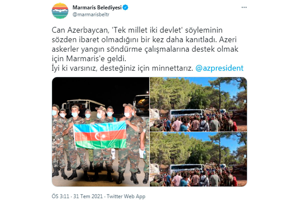 Türkiyənin Marmaris vilayətinin bələdiyyəsi Azərbaycan Prezidentinə təşəkkür edib