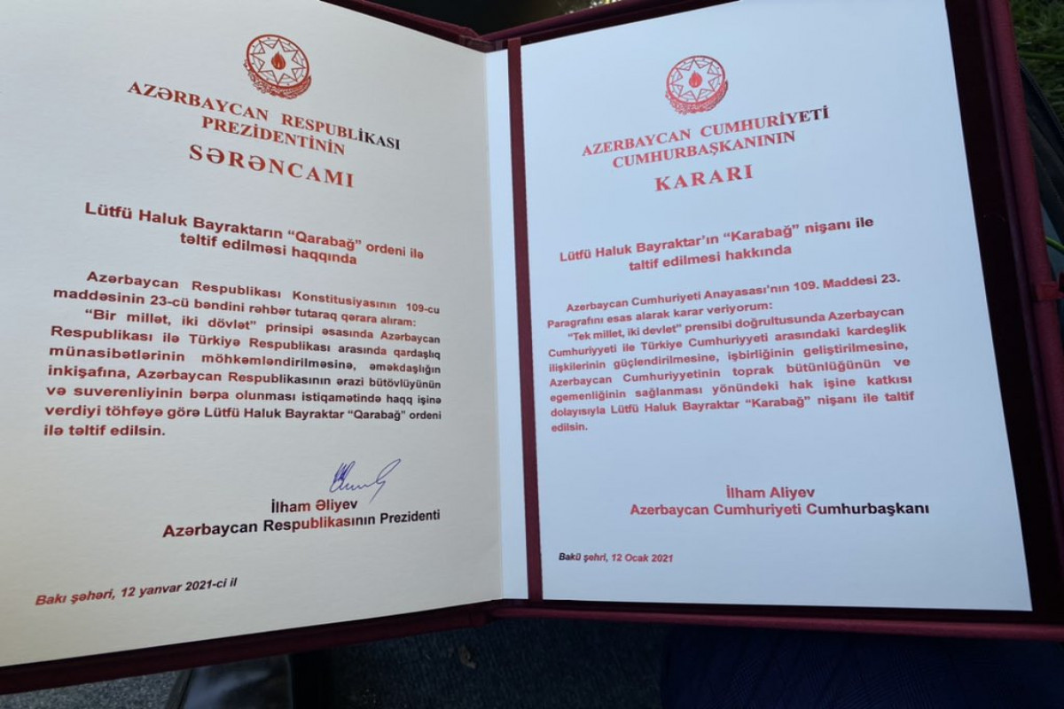 Haluk Bayraktar “Qarabağ” ordeni ilə təltif edilib