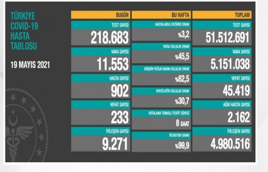 Türkiyədə bu gün COVID-19-dan 233 nəfər dünyasını dəyişib