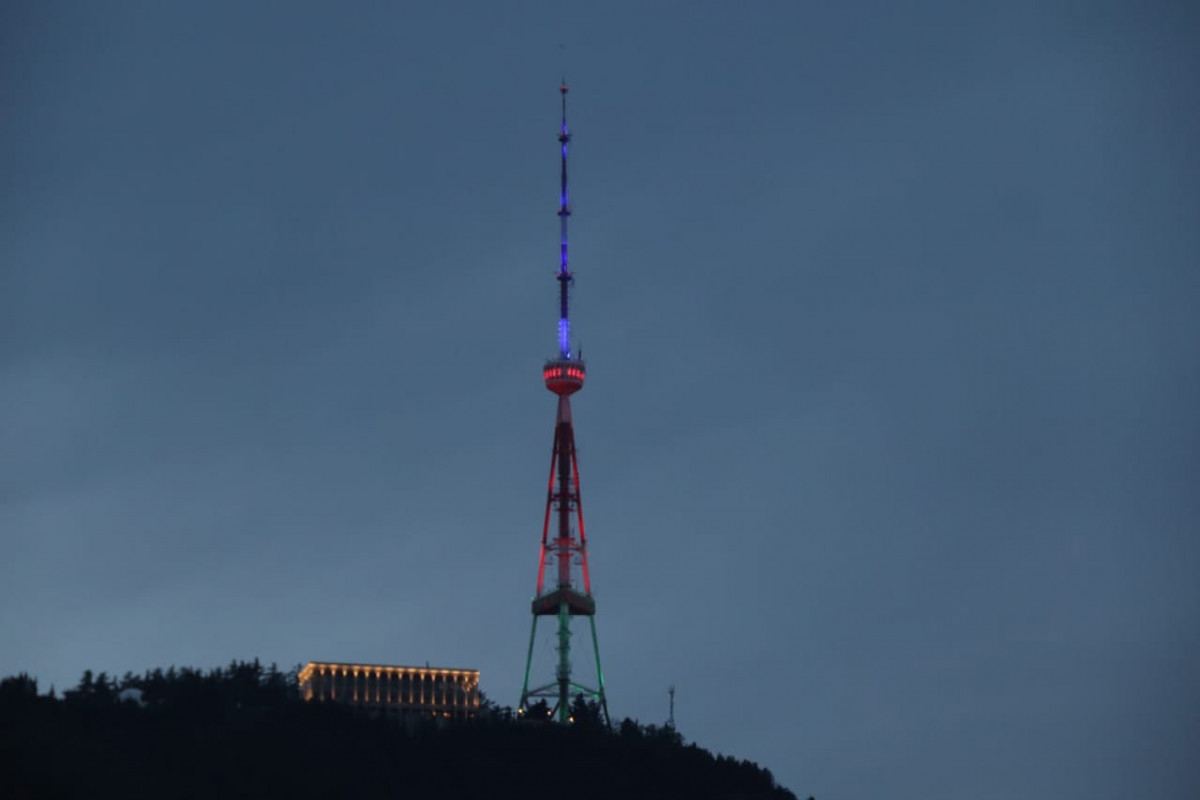 Television tower and Sakrebulo building in Tbilisi illuminated with the colors of the Azerbaijani flag-PHOTO 